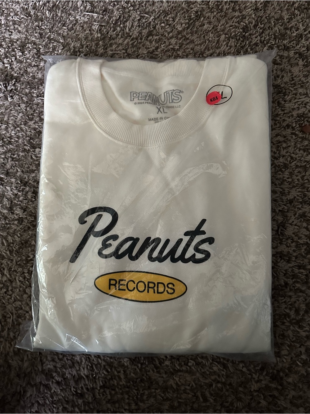 Peanuts Records Cream Crewneck Sweatshirt with Yellow Logo UNISEX XL